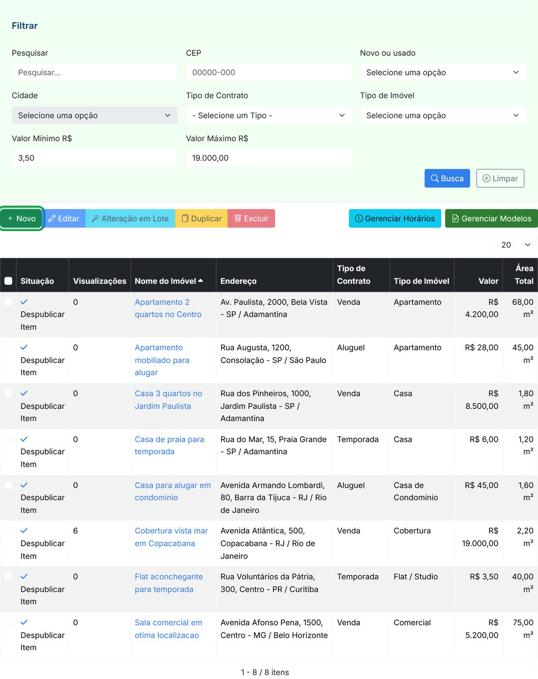Lista Meus Imóveis com botão Novo