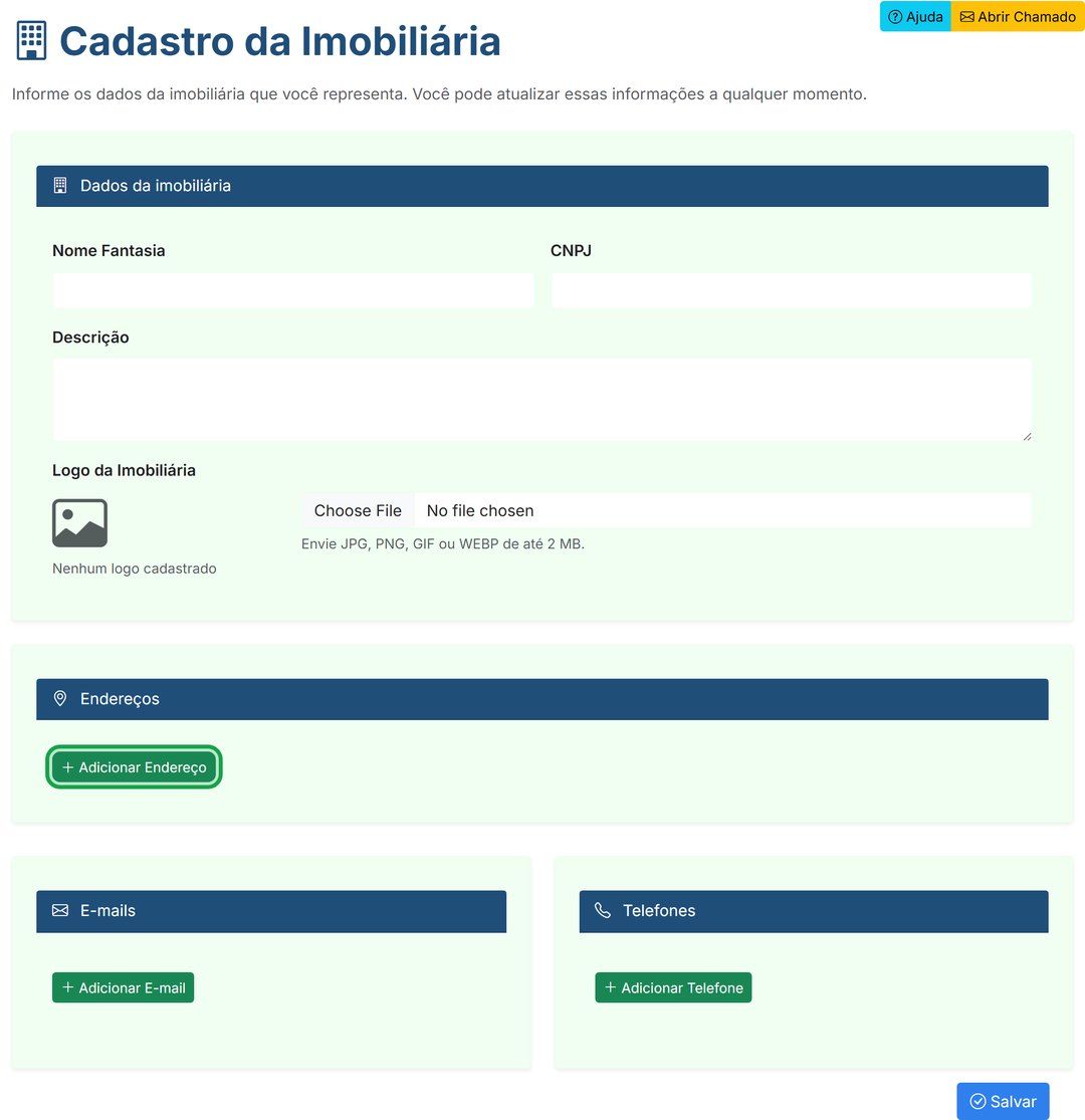 Tela de cadastro da imobiliária