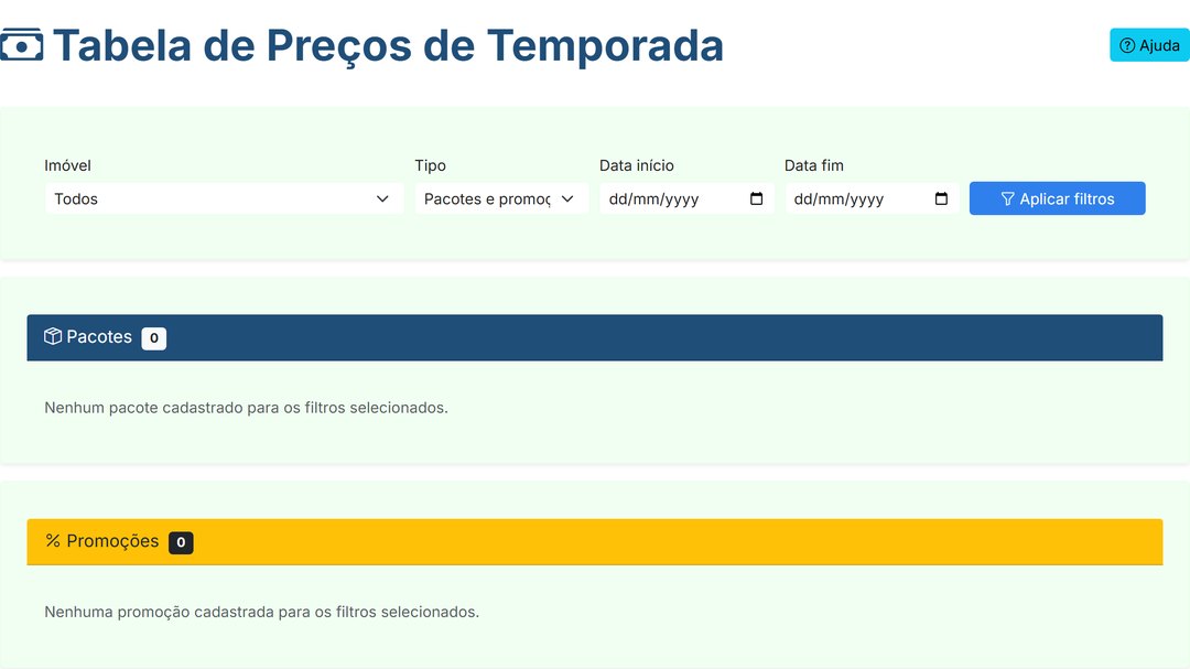 Tabela de preços de temporada