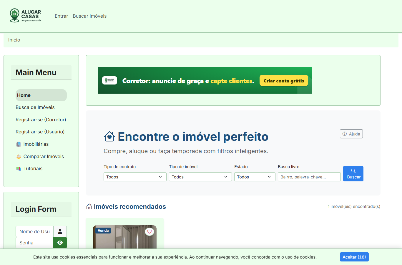 Tela do painel/CRM do AlugarCasas com o funil de leads em Kanban